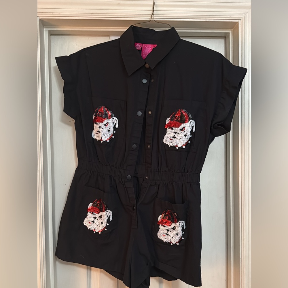 QOS UGA Black Romper with Bulldog Patches